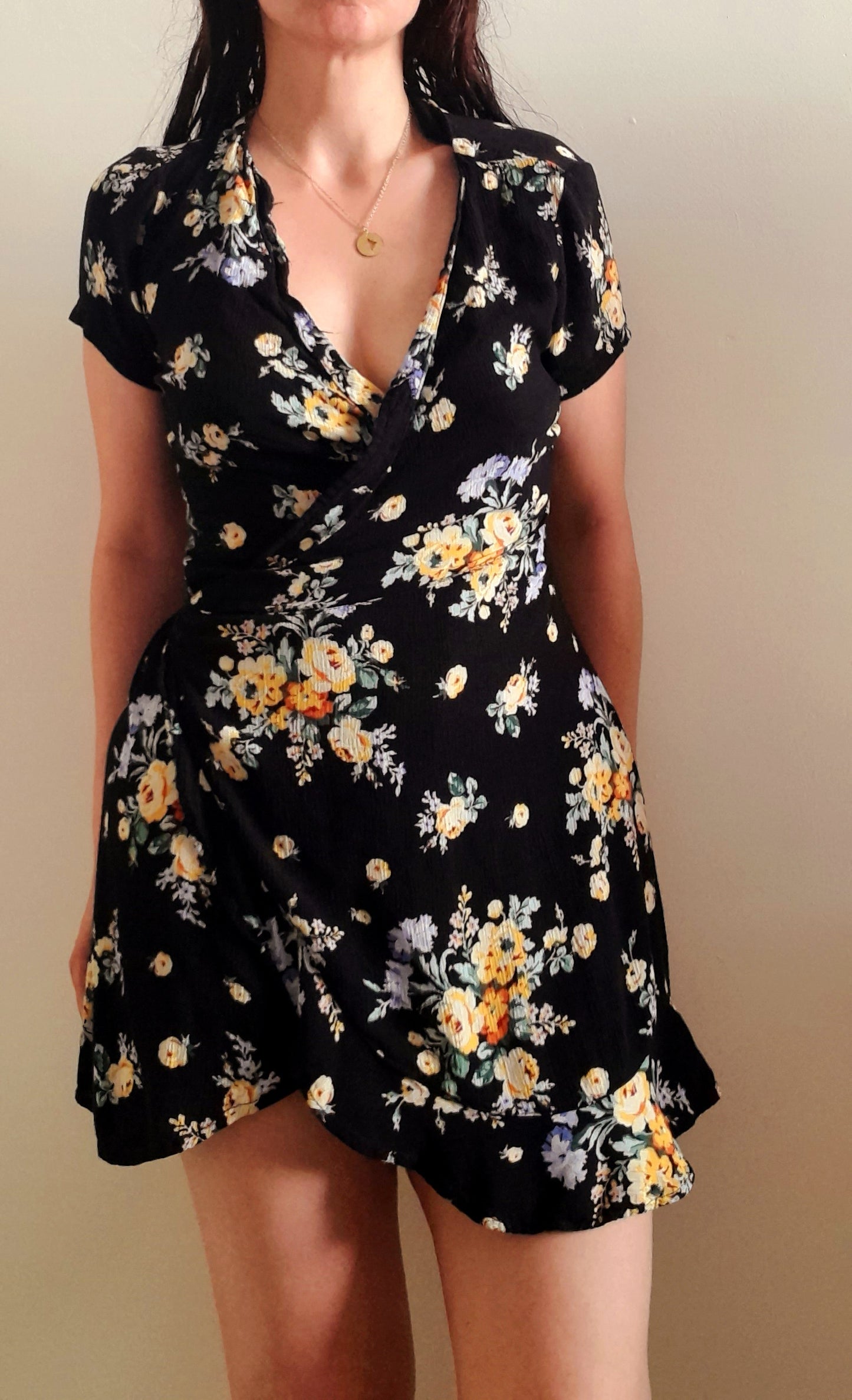 Vintage Black Yellow Blue Viscose Wrap Mini Dress