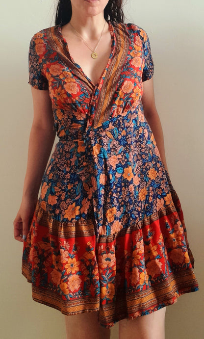 Vintage 90s Red Multicoloured Floral Rayon Wrap Mini Dress