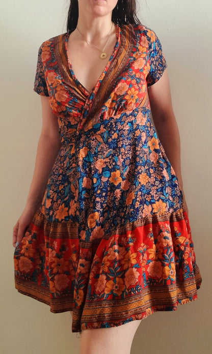 Vintage 90s Red Multicoloured Floral Rayon Wrap Mini Dress