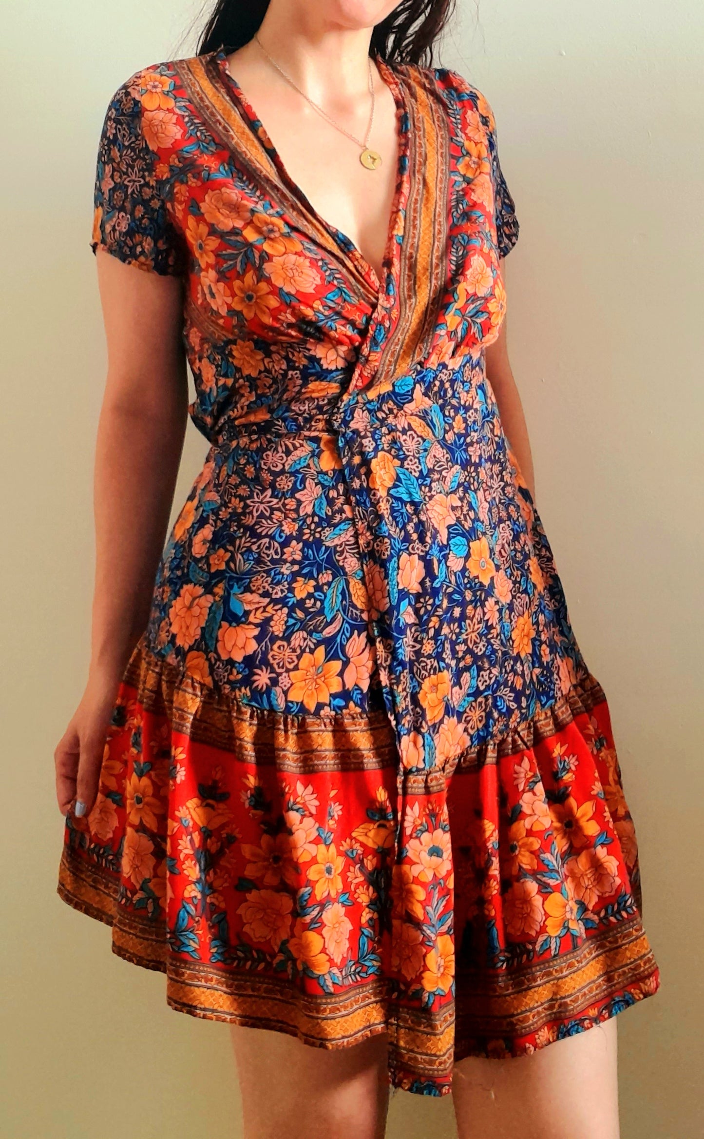 Vintage 90s Red Multicoloured Floral Rayon Wrap Mini Dress