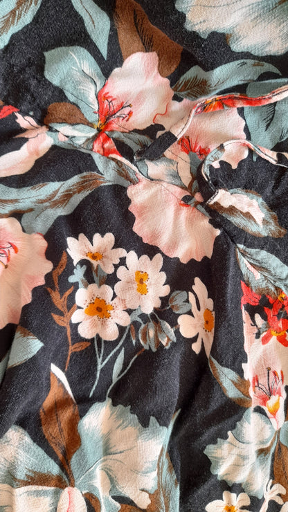 Vintage 80s Black Tropical Flower Viscose Drawstring Dress