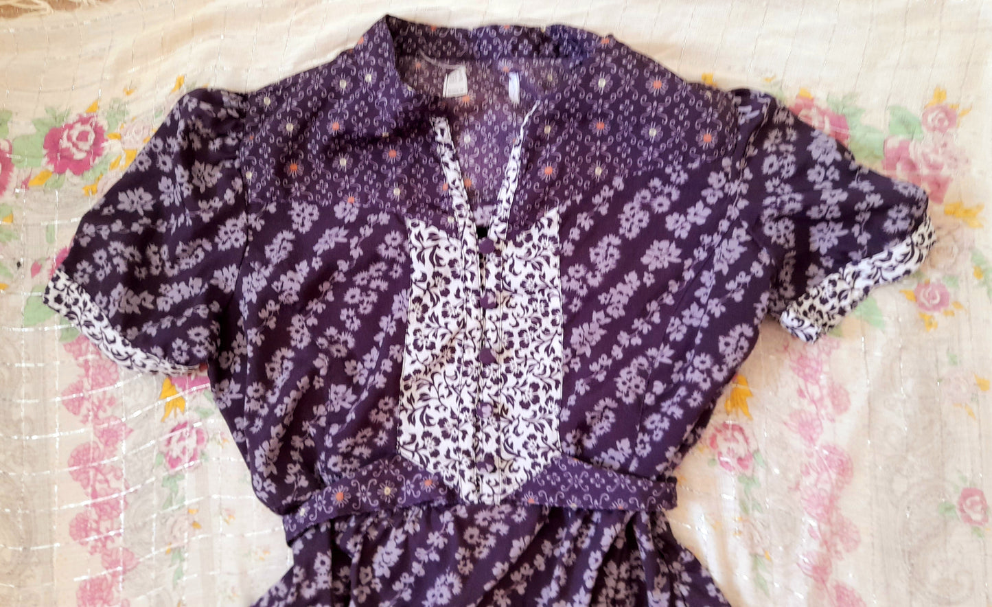 Vintage 70s Purple Floral Chiffon Mandarin Button Belted Tea Dress