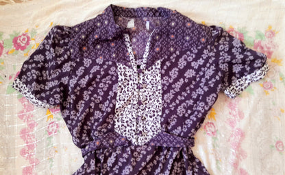 Vintage 70s Purple Floral Chiffon Mandarin Button Belted Tea Dress