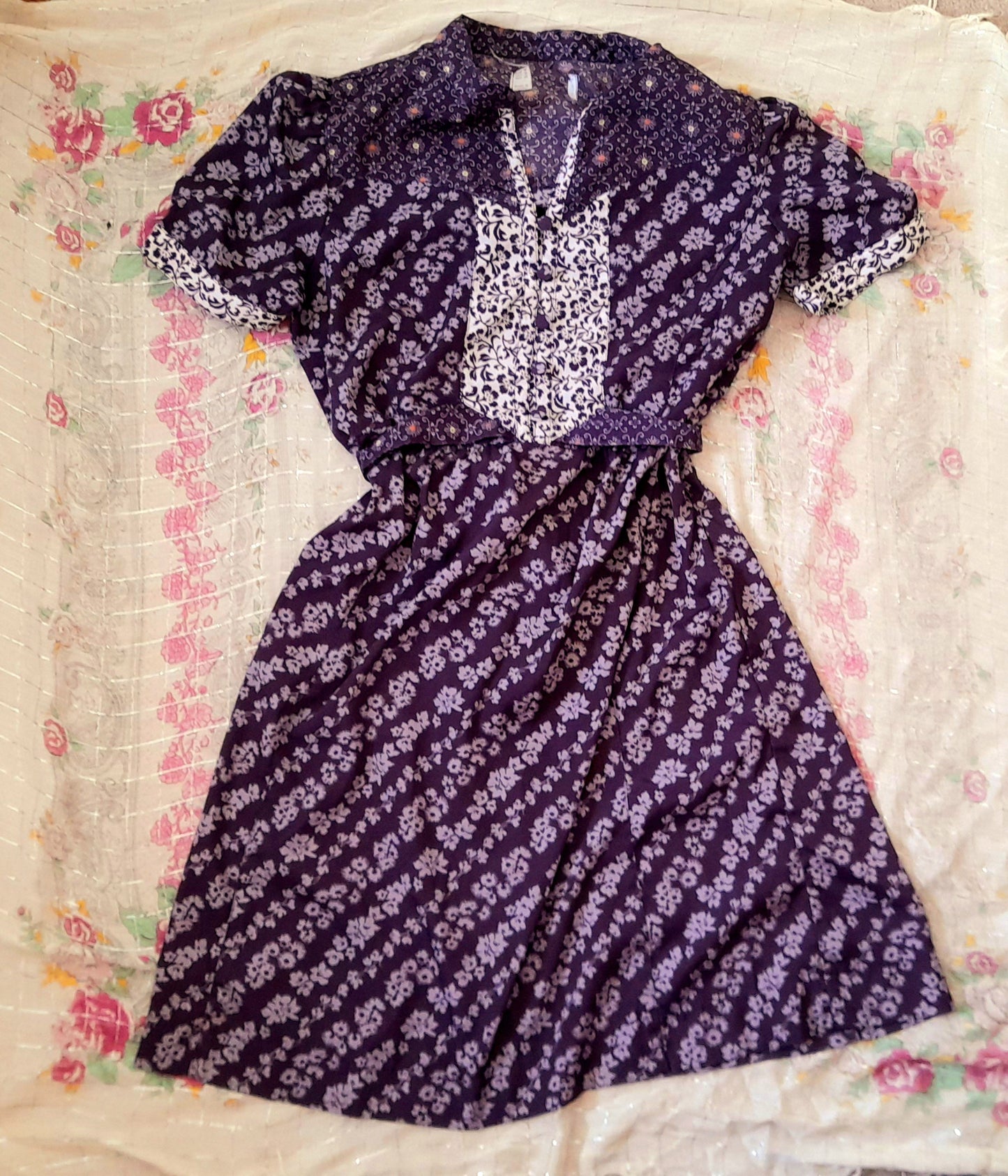 Vintage 70s Purple Floral Chiffon Mandarin Button Belted Tea Dress