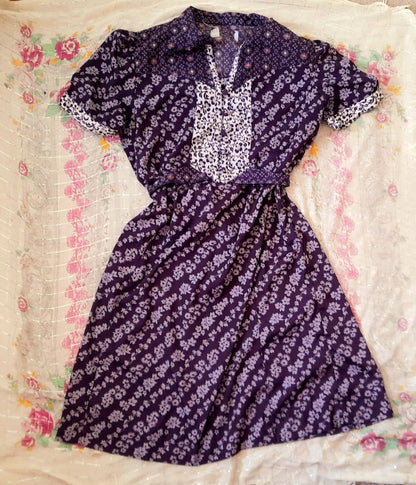 Vintage 70s Purple Floral Chiffon Mandarin Button Belted Tea Dress
