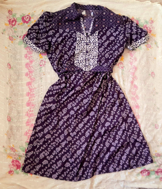 Vintage 70s Purple Floral Chiffon Mandarin Button Belted Tea Dress