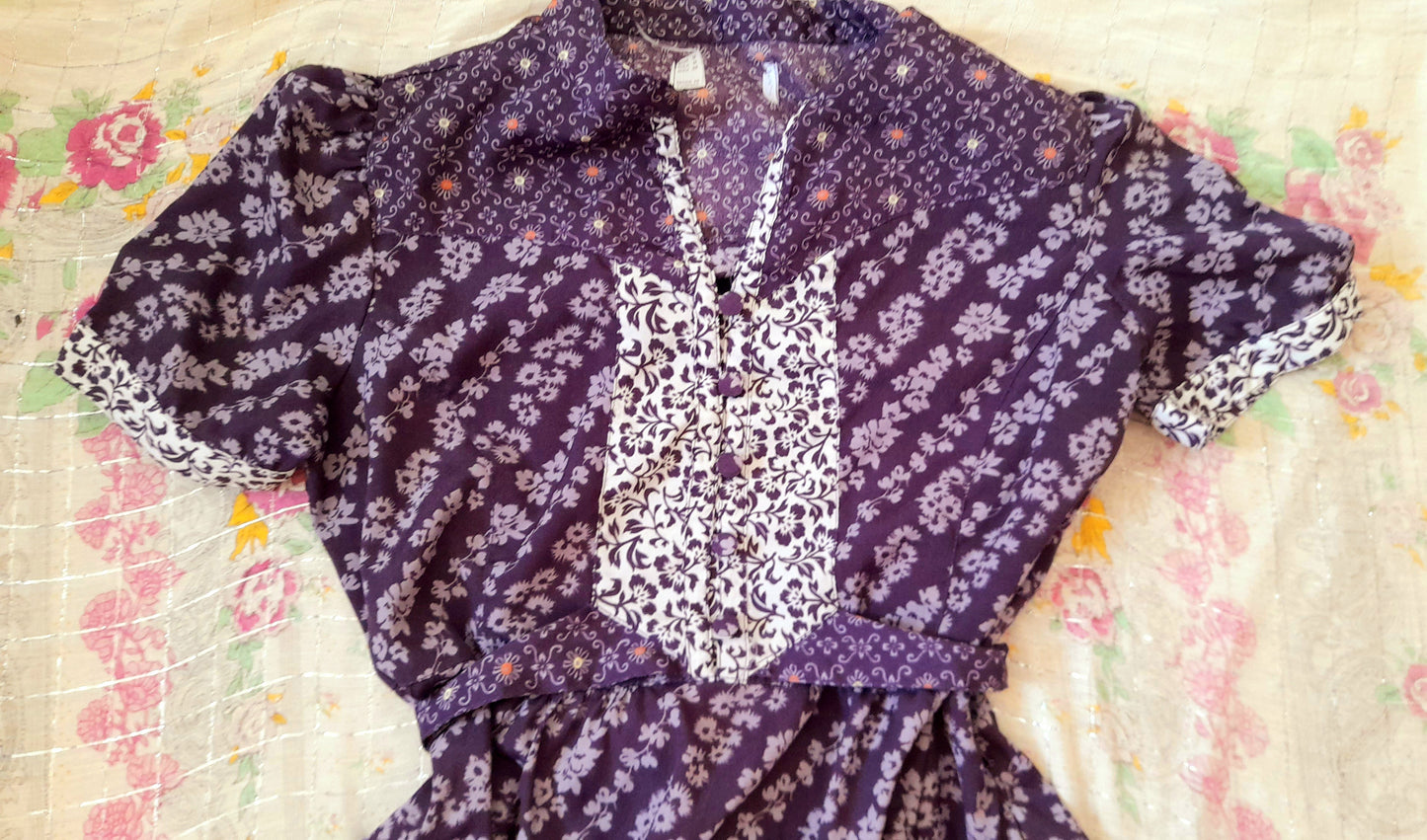 Vintage 70s Purple Floral Chiffon Mandarin Button Belted Tea Dress