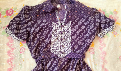 Vintage 70s Purple Floral Chiffon Mandarin Button Belted Tea Dress