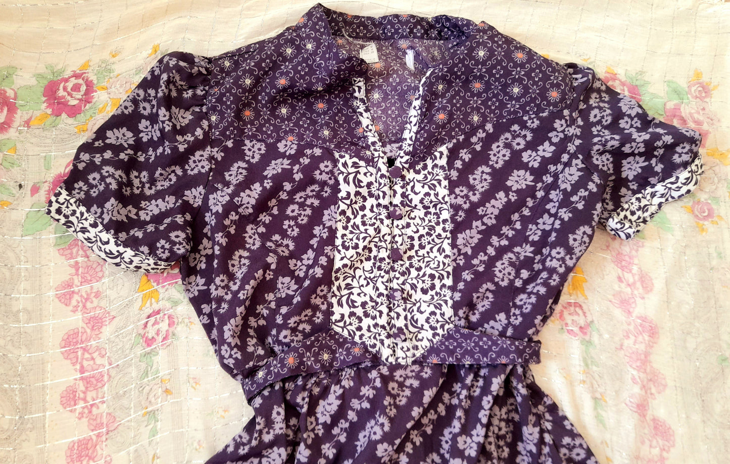Vintage 70s Purple Floral Chiffon Mandarin Button Belted Tea Dress