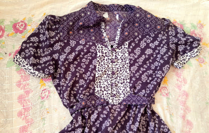 Vintage 70s Purple Floral Chiffon Mandarin Button Belted Tea Dress