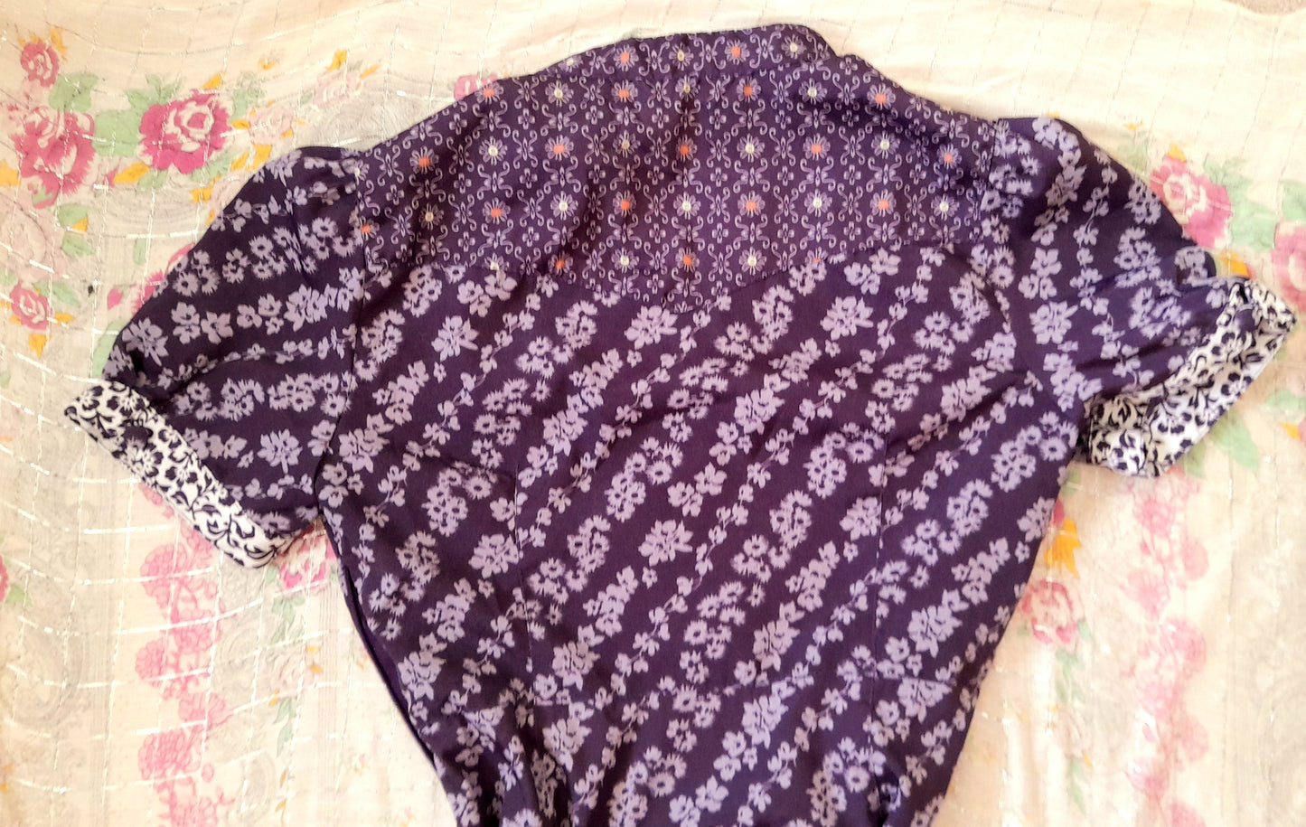 Vintage 70s Purple Floral Chiffon Mandarin Button Belted Tea Dress