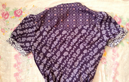 Vintage 70s Purple Floral Chiffon Mandarin Button Belted Tea Dress