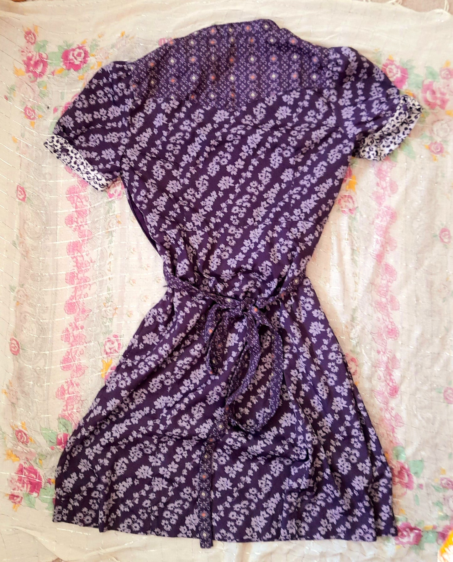 Vintage 70s Purple Floral Chiffon Mandarin Button Belted Tea Dress