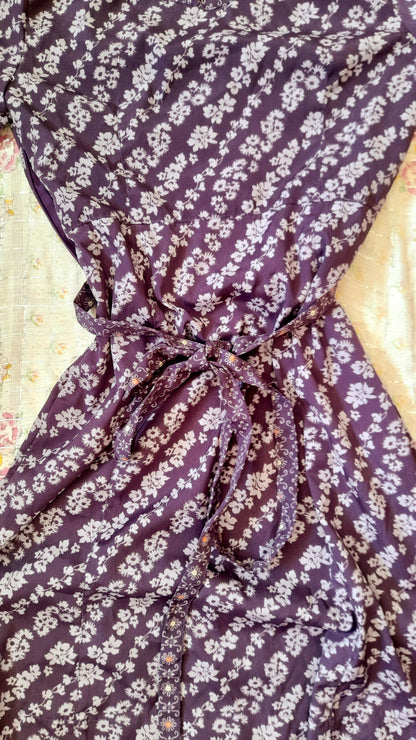 Vintage 70s Purple Floral Chiffon Mandarin Button Belted Tea Dress
