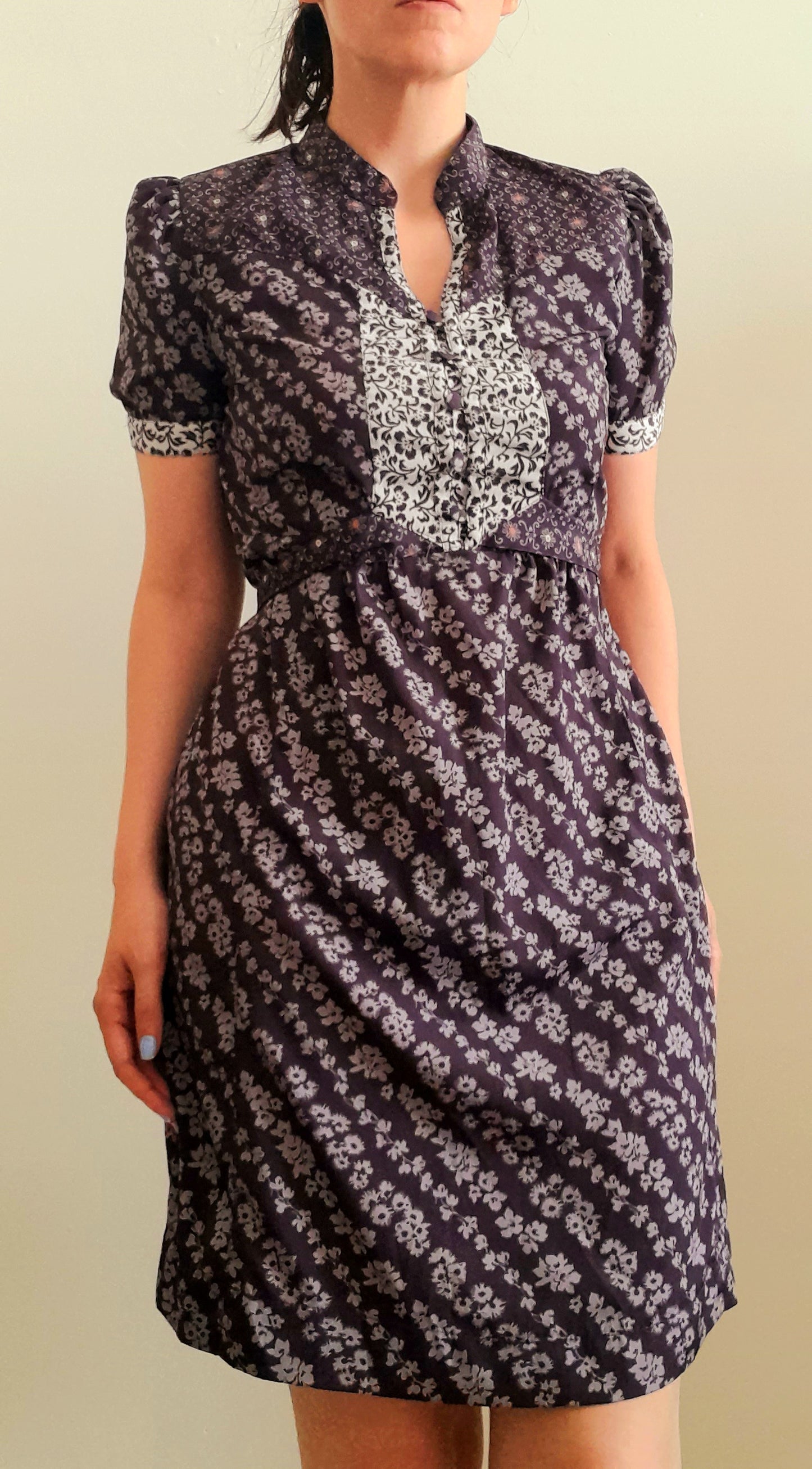 Vintage 70s Purple Floral Chiffon Mandarin Button Belted Tea Dress