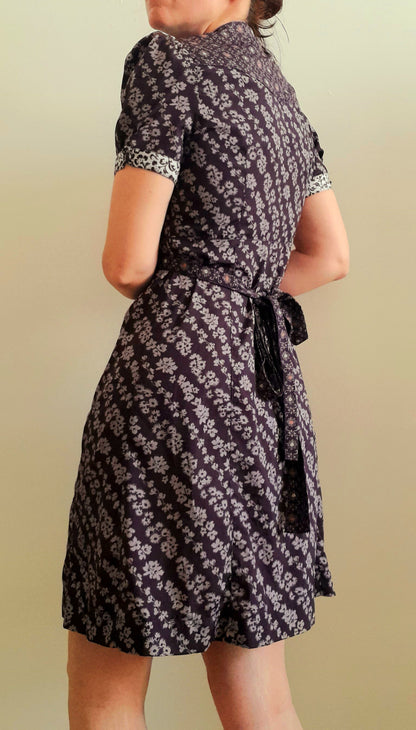 Vintage 70s Purple Floral Chiffon Mandarin Button Belted Tea Dress