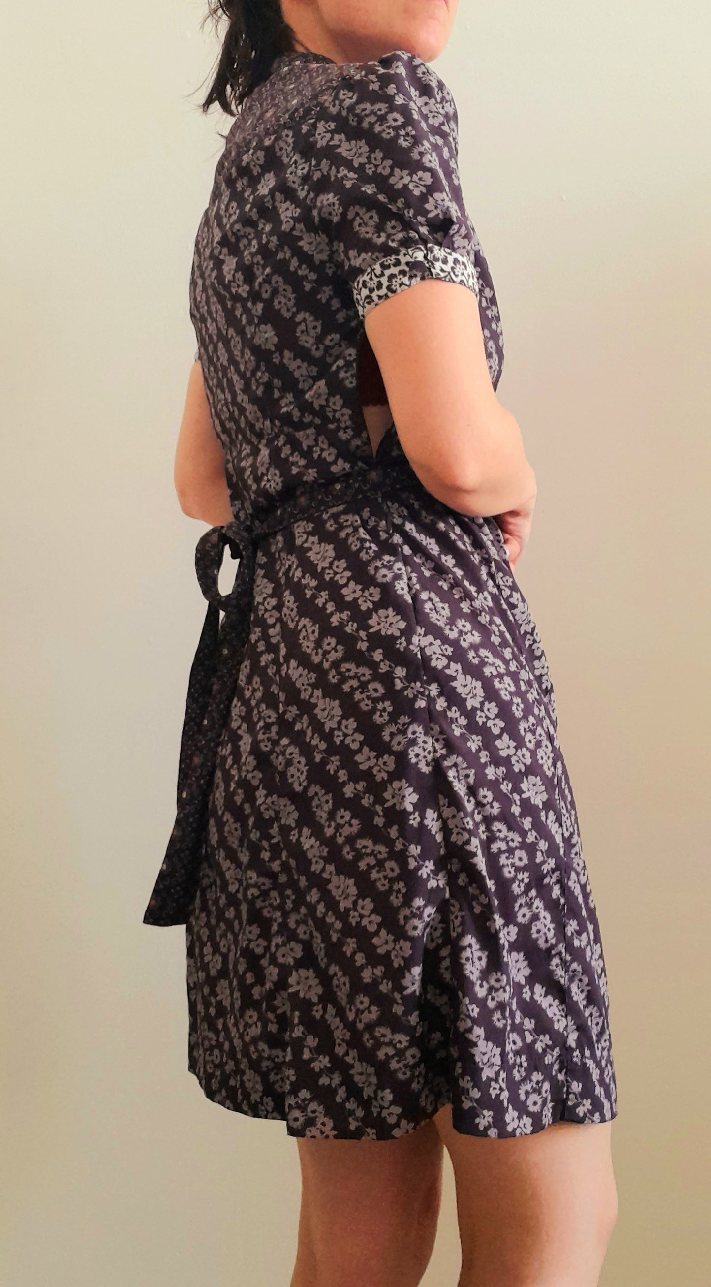 Vintage 70s Purple Floral Chiffon Mandarin Button Belted Tea Dress