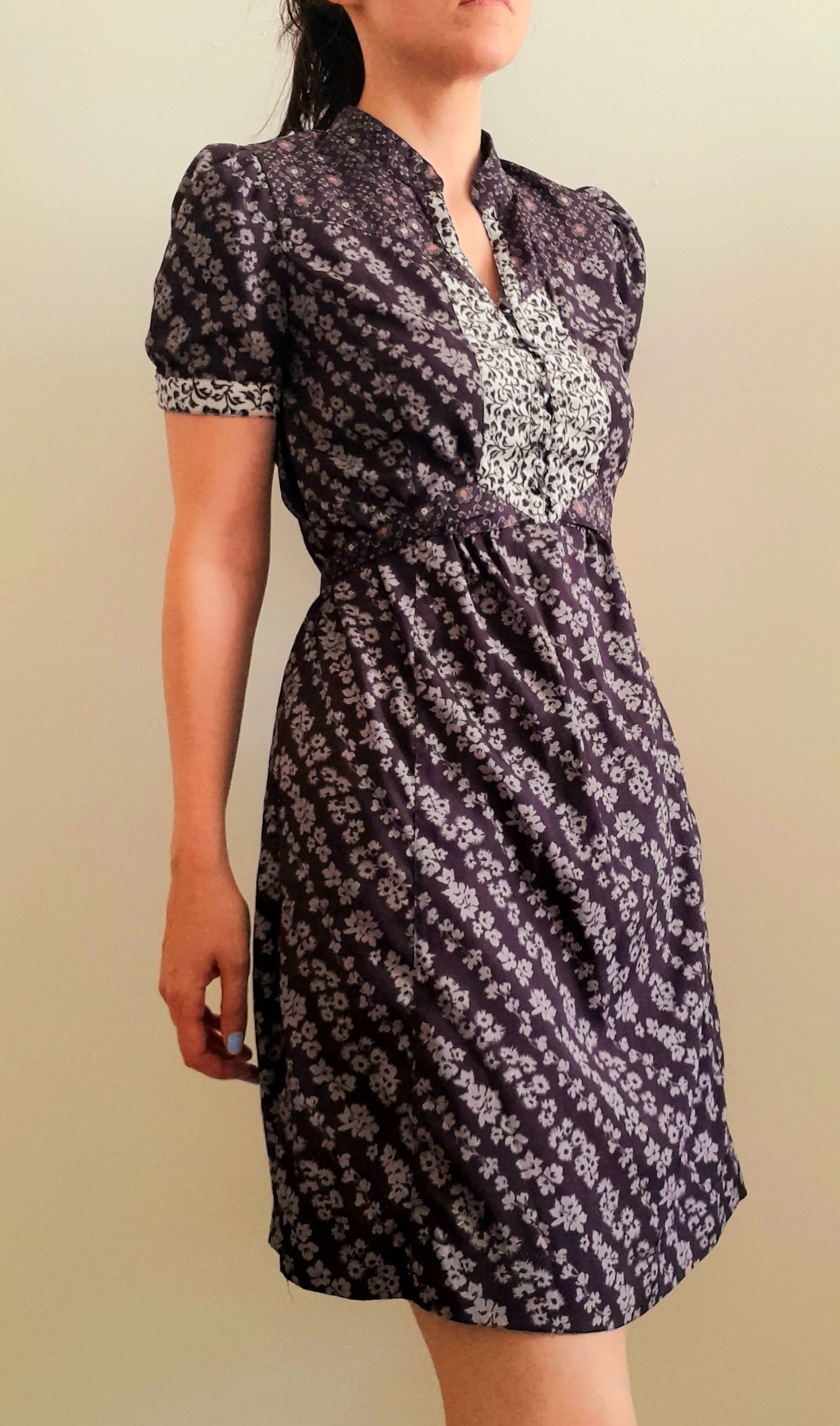 Vintage 70s Purple Floral Chiffon Mandarin Button Belted Tea Dress