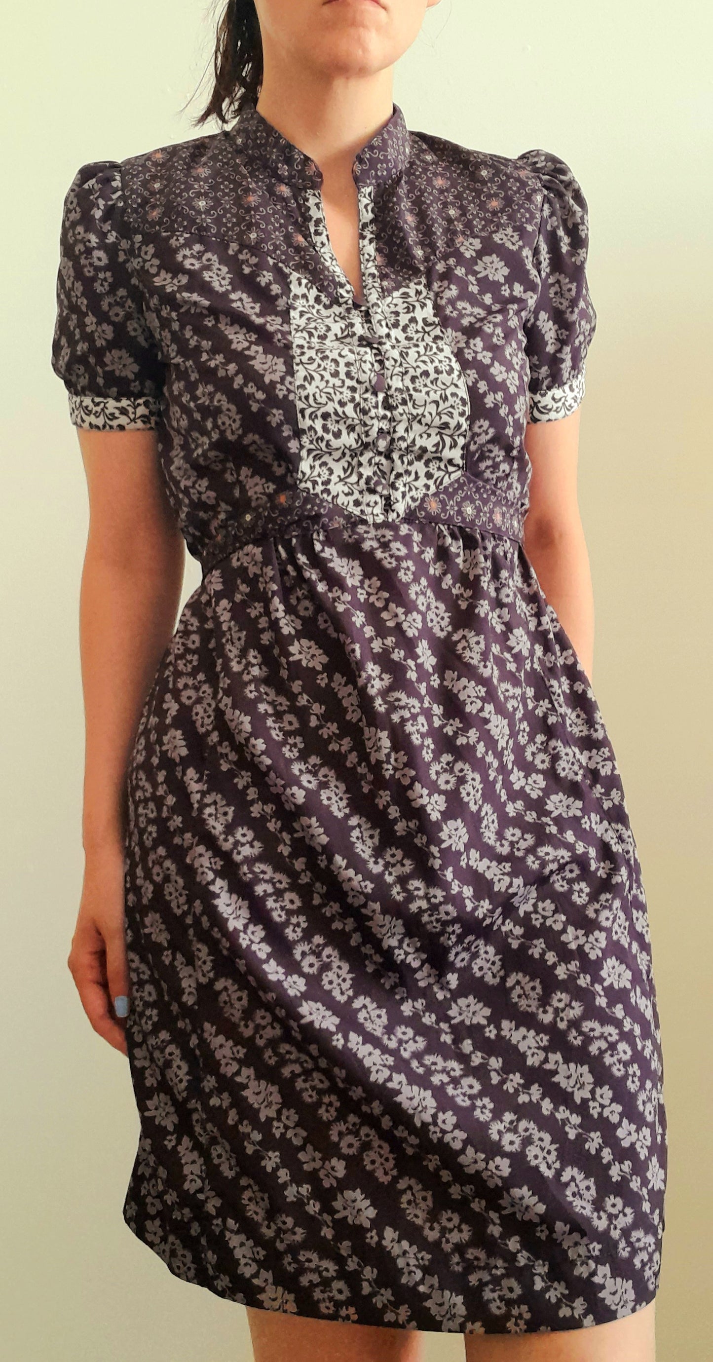 Vintage 70s Purple Floral Chiffon Mandarin Button Belted Tea Dress