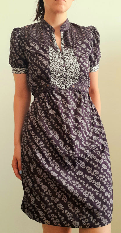 Vintage 70s Purple Floral Chiffon Mandarin Button Belted Tea Dress