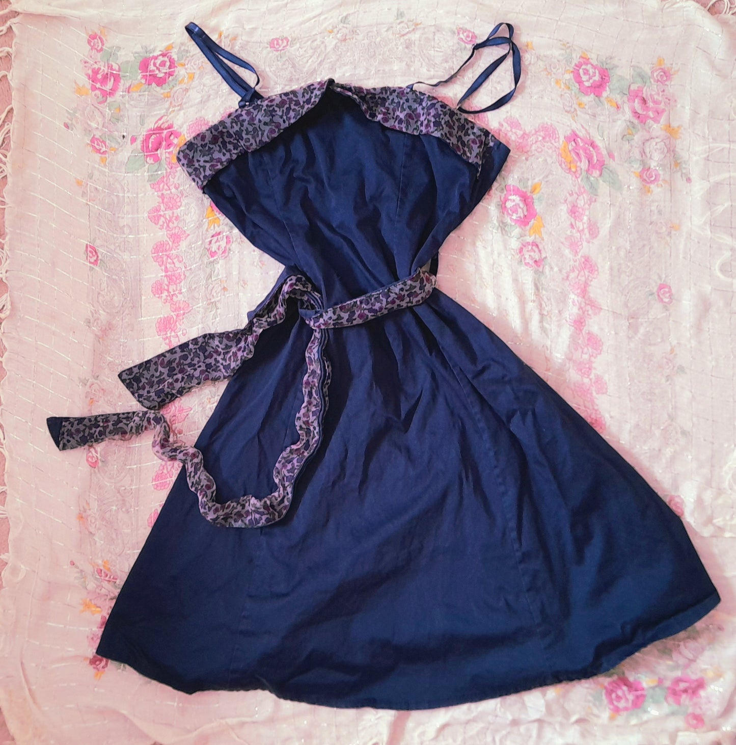 Vintage 70s Does 50s Rockerbilly Navy Cotton Floral Chiffon Belted Dress