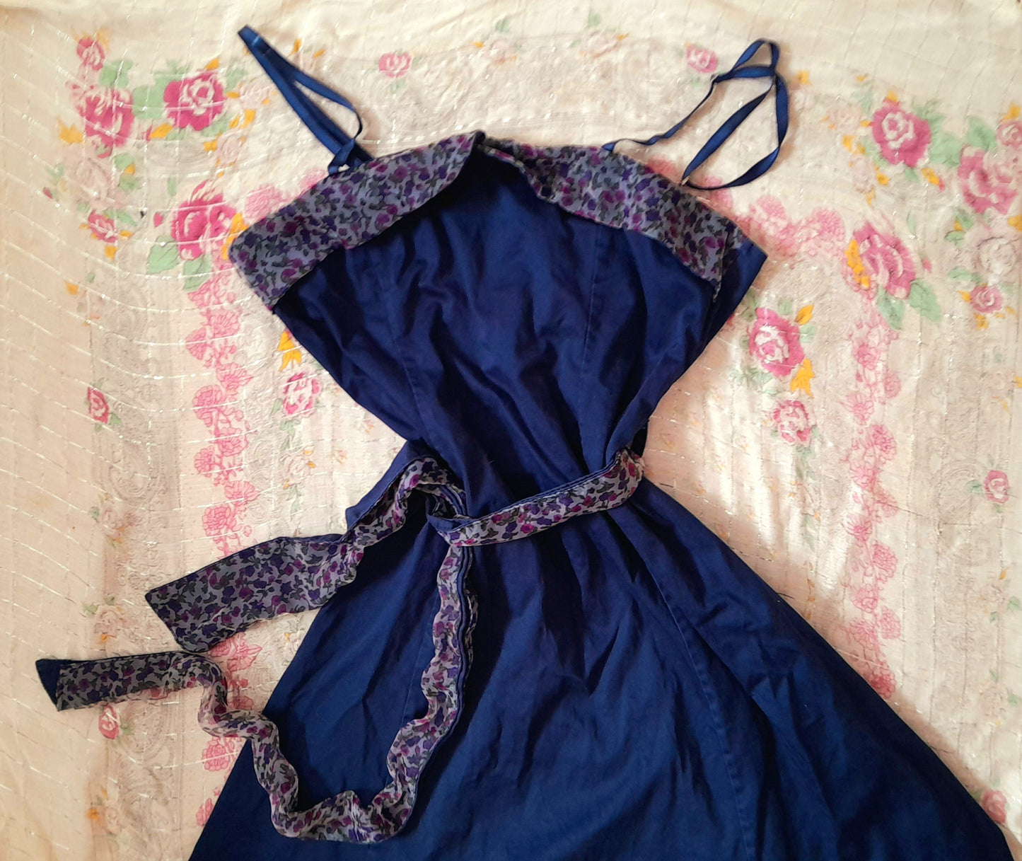 Vintage 70s Does 50s Rockerbilly Navy Cotton Floral Chiffon Belted Dress