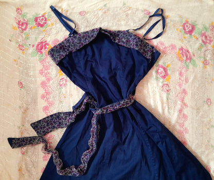 Vintage 70s Does 50s Rockerbilly Navy Cotton Floral Chiffon Belted Dress