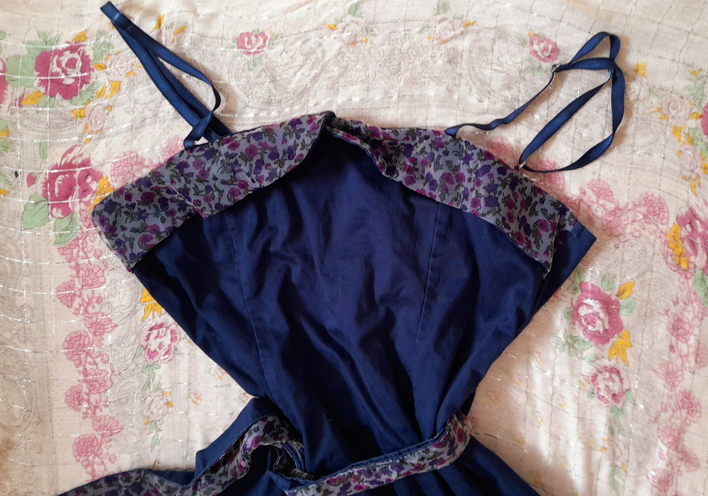 Vintage 70s Does 50s Rockerbilly Navy Cotton Floral Chiffon Belted Dress