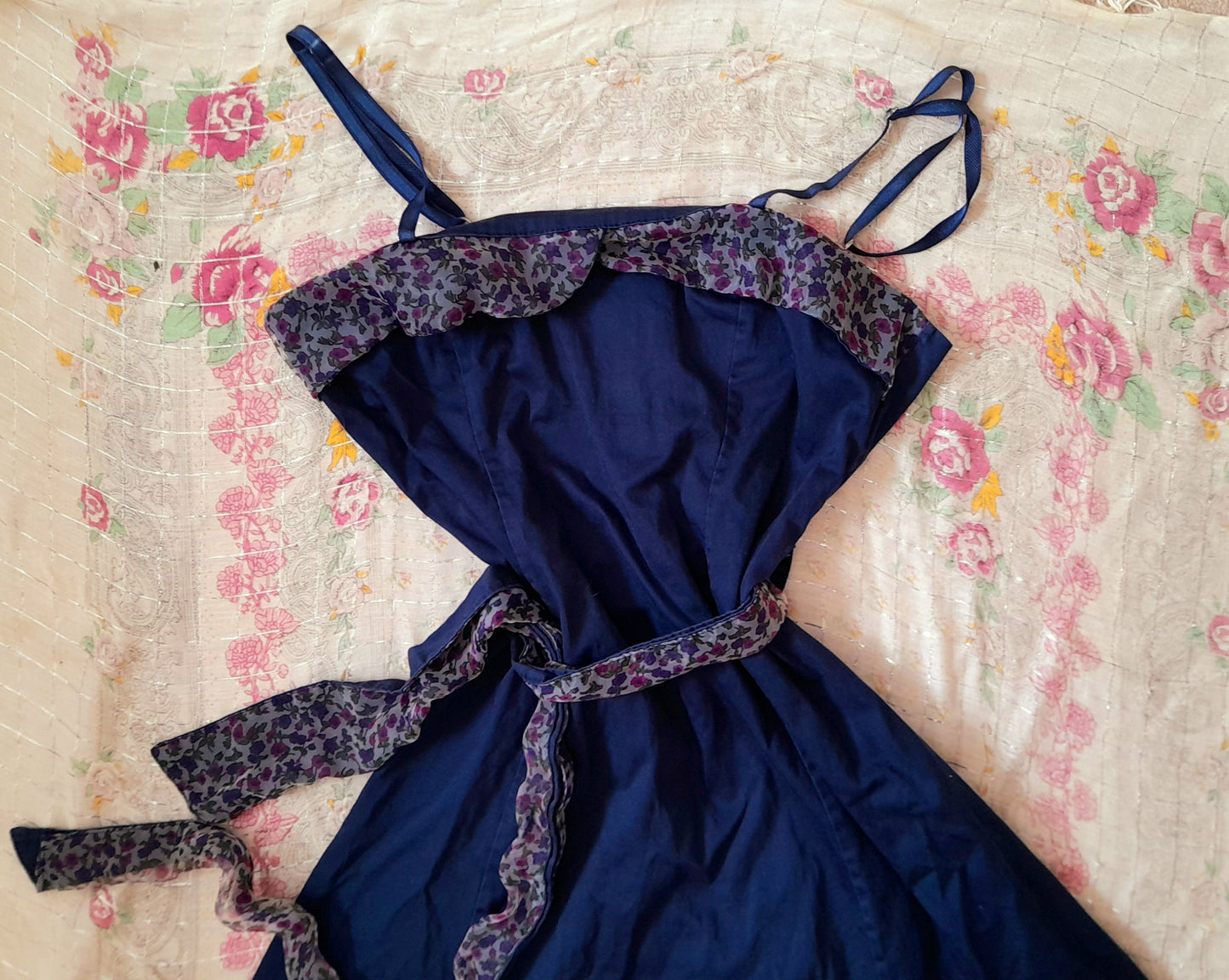 Vintage 70s Does 50s Rockerbilly Navy Cotton Floral Chiffon Belted Dress