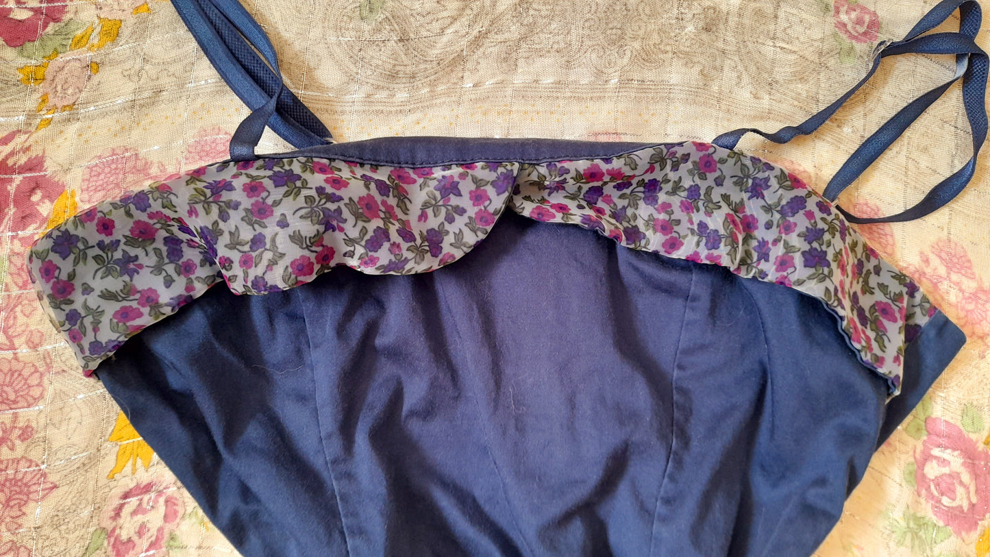 Vintage 70s Does 50s Rockerbilly Navy Cotton Floral Chiffon Belted Dress