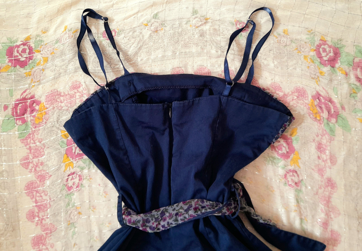 Vintage 70s Does 50s Rockerbilly Navy Cotton Floral Chiffon Belted Dress