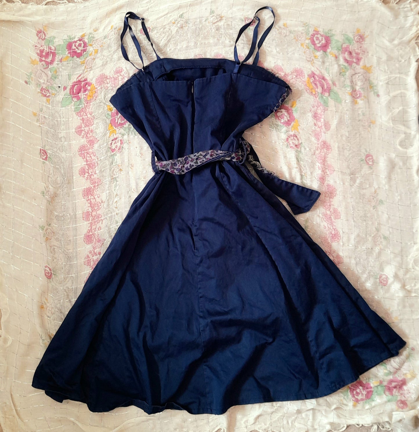 Vintage 70s Does 50s Rockerbilly Navy Cotton Floral Chiffon Belted Dress