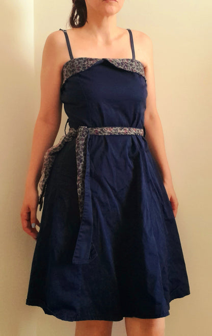 Vintage 70s Does 50s Rockerbilly Navy Cotton Floral Chiffon Belted Dress