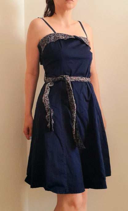 Vintage 70s Does 50s Rockerbilly Navy Cotton Floral Chiffon Belted Dress