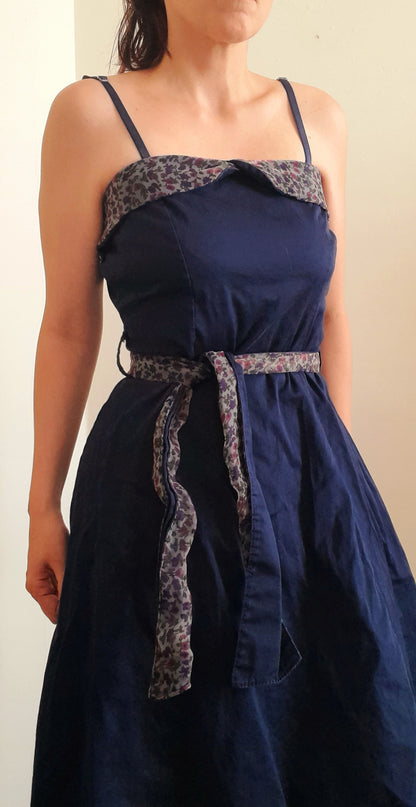 Vintage 70s Does 50s Rockerbilly Navy Cotton Floral Chiffon Belted Dress