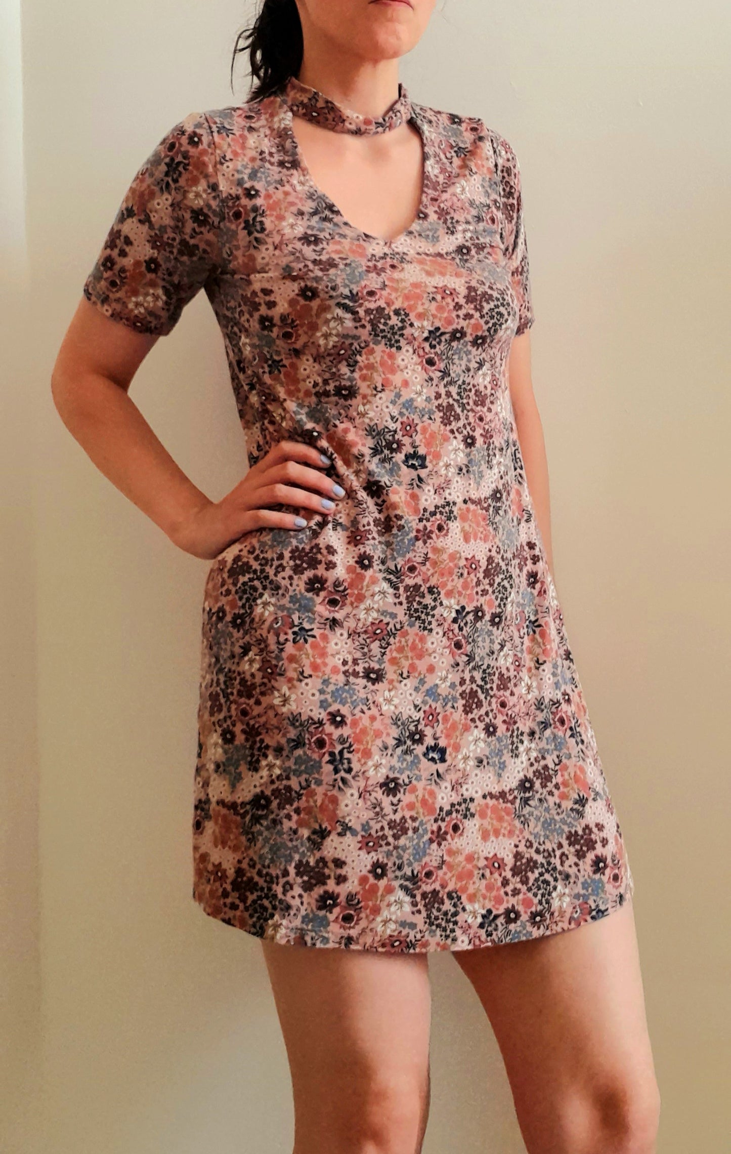 Vintage 70s Pink Floral Jersey Shift Dress