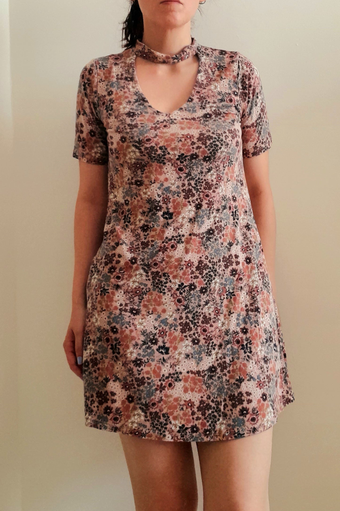 Vintage 70s Pink Floral Jersey Shift Dress