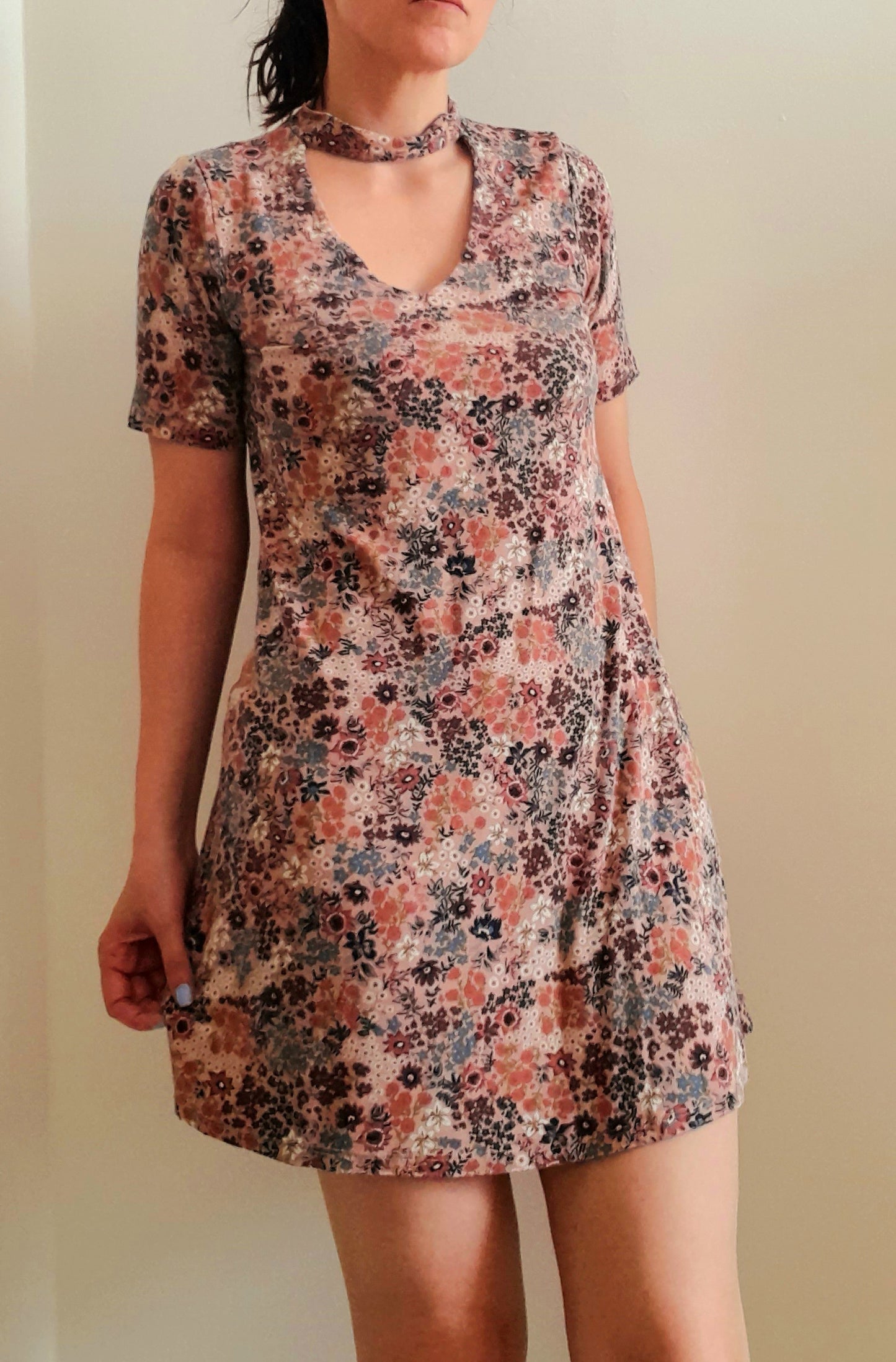 Vintage 70s Pink Floral Jersey Shift Dress