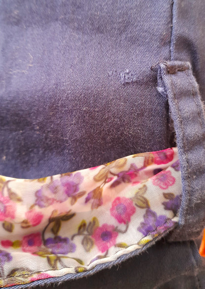 Vintage 70s Does 50s Rockerbilly Navy Cotton Floral Chiffon Belted Dress