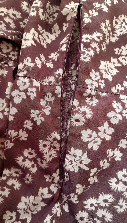 Vintage 70s Purple Floral Chiffon Mandarin Button Belted Tea Dress