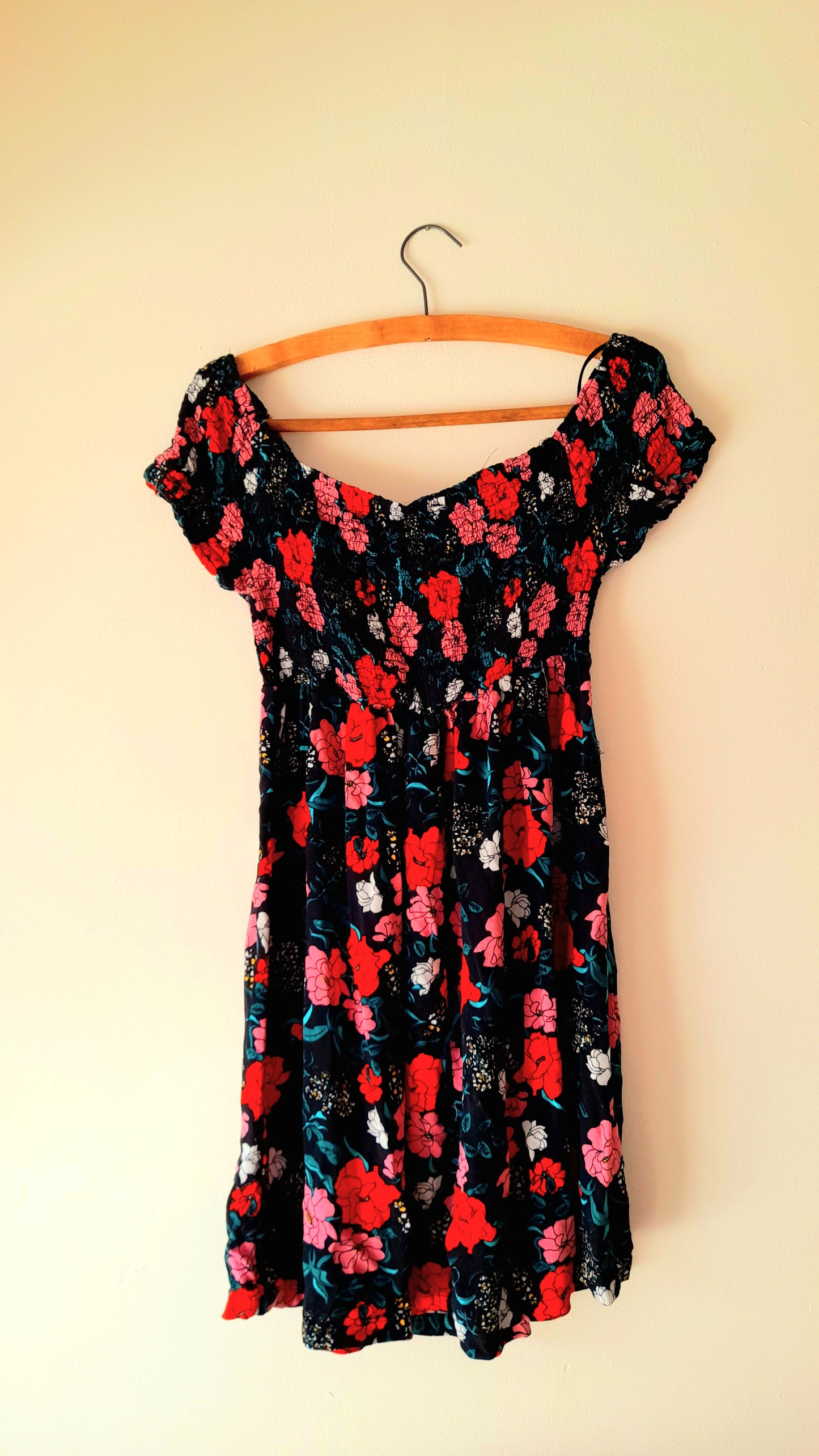 Vintage Black Rose Print Viscose Shirred Summer Dress