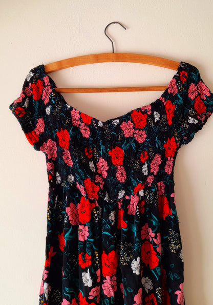 Vintage Black Rose Print Viscose Shirred Summer Dress