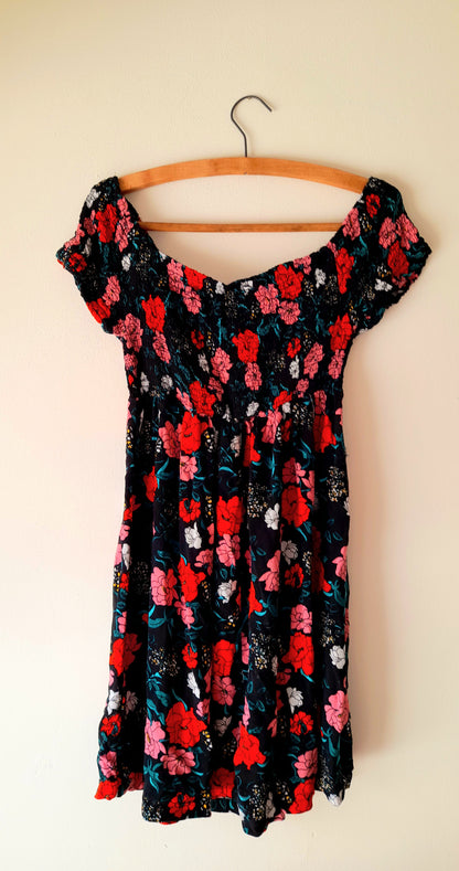 Vintage Black Rose Print Viscose Shirred Summer Dress
