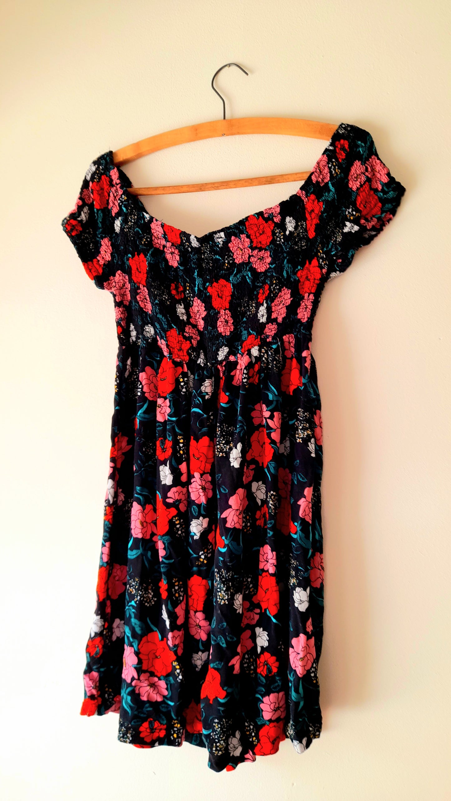 Vintage Black Rose Print Viscose Shirred Summer Dress