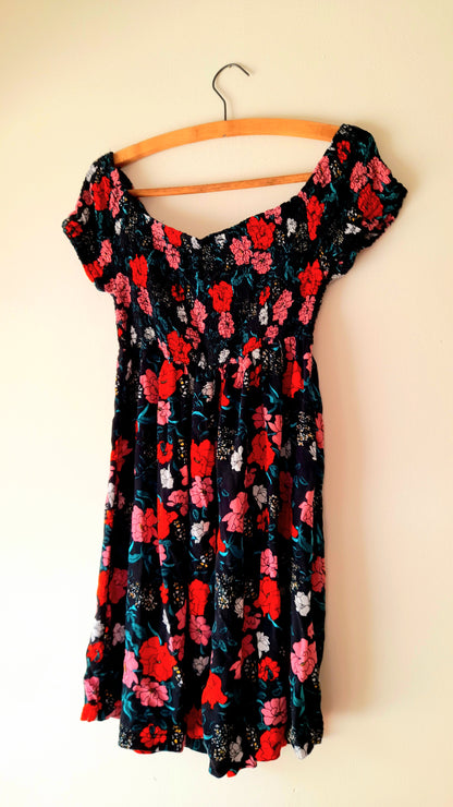 Vintage Black Rose Print Viscose Shirred Summer Dress