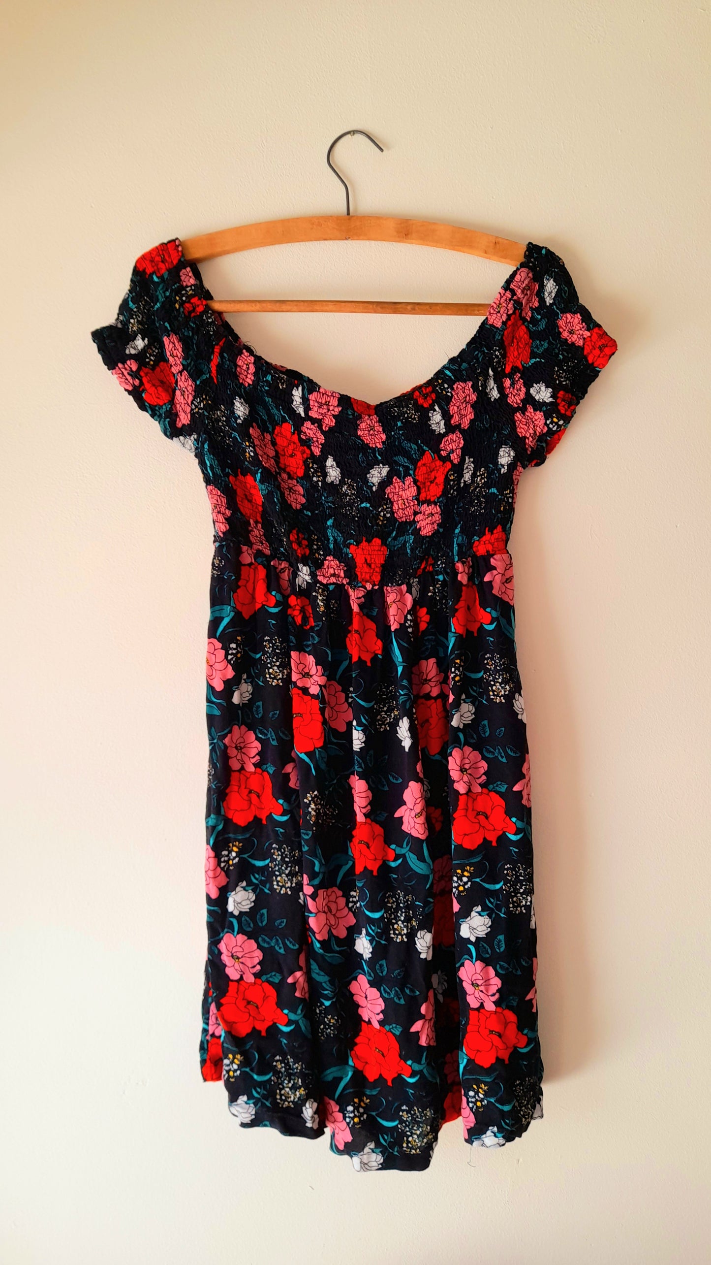 Vintage Black Rose Print Viscose Shirred Summer Dress