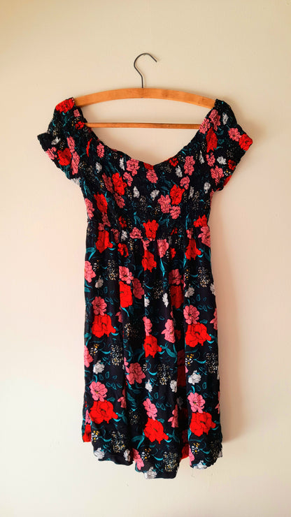 Vintage Black Rose Print Viscose Shirred Summer Dress