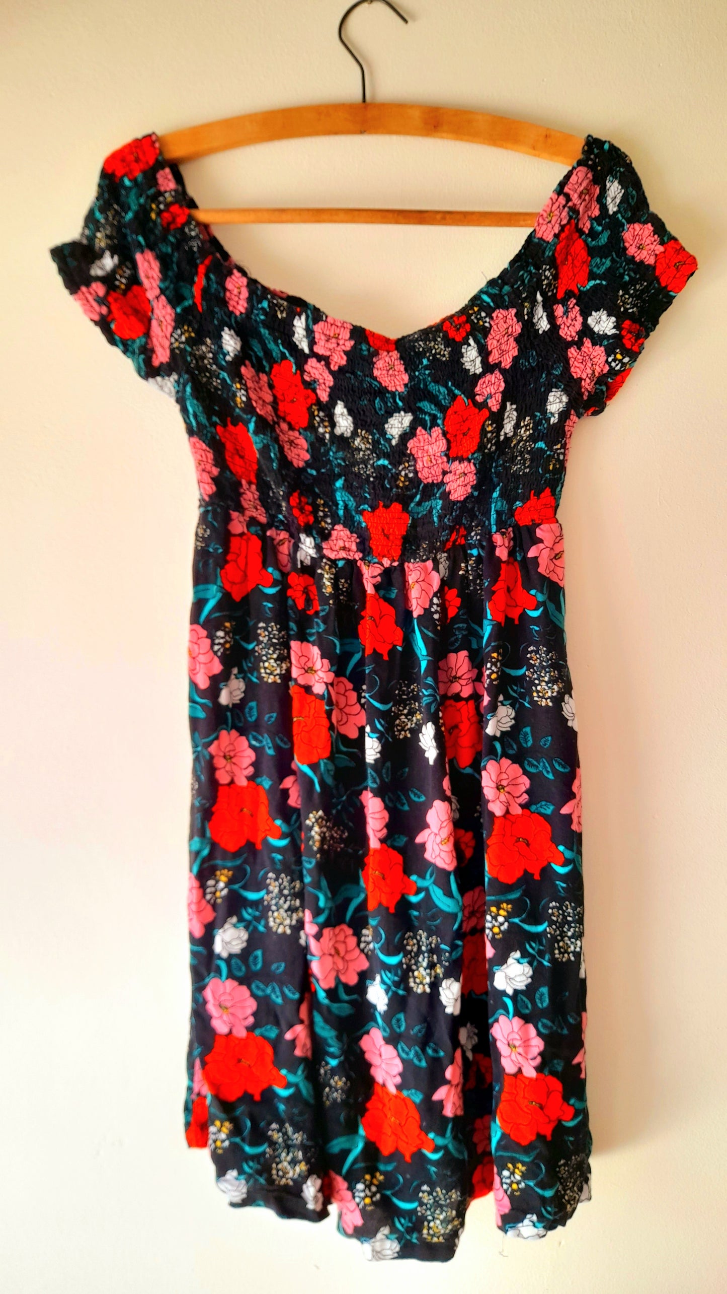 Vintage Black Rose Print Viscose Shirred Summer Dress