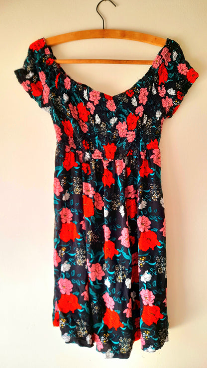 Vintage Black Rose Print Viscose Shirred Summer Dress