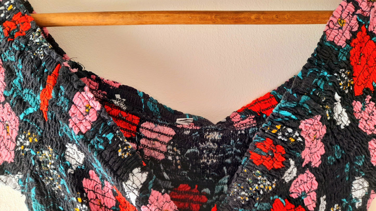 Vintage Black Rose Print Viscose Shirred Summer Dress